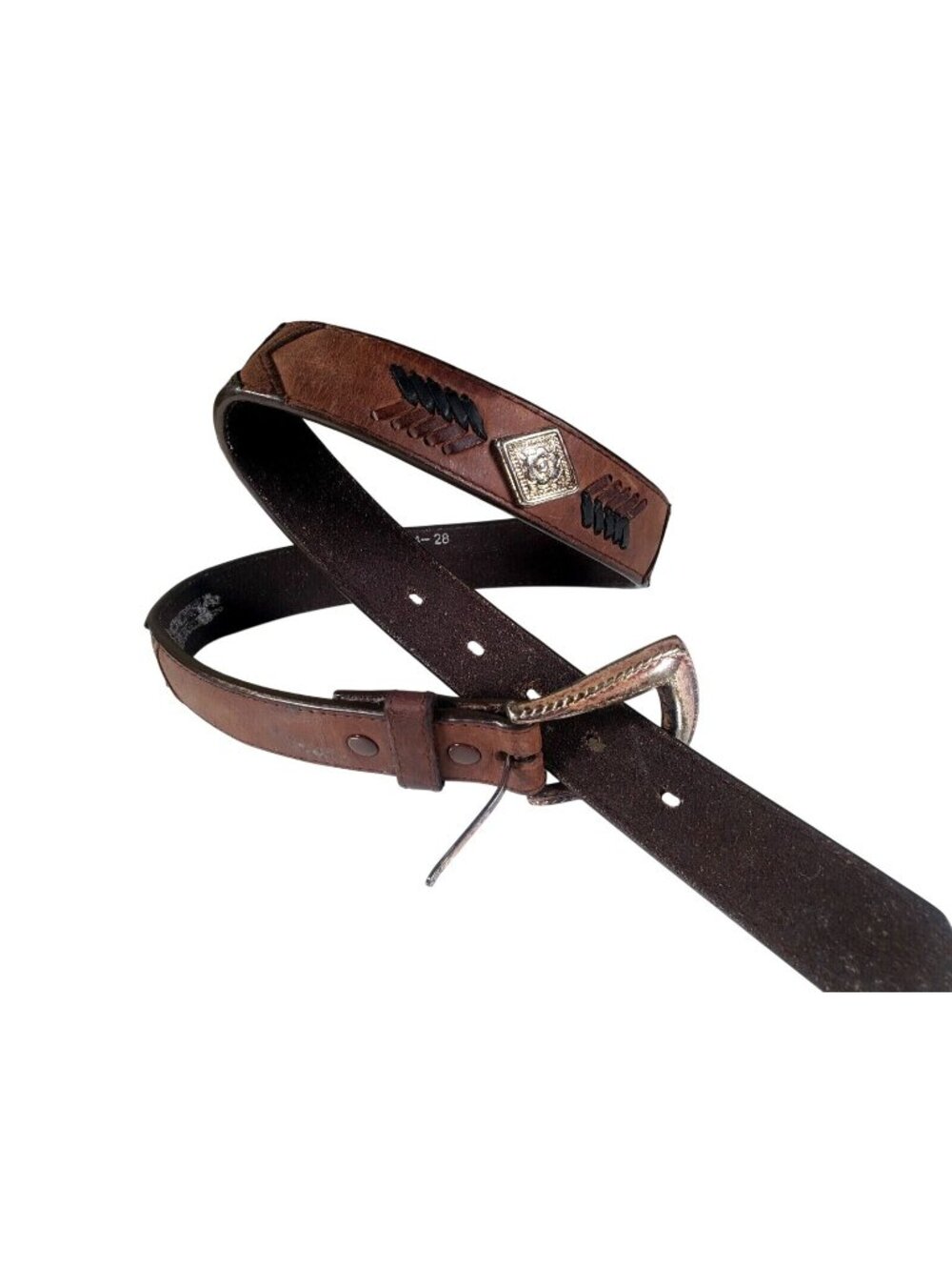 Nocona Western Genuine Leather Brown Belt Silver Buckle Embellishments Sz 28